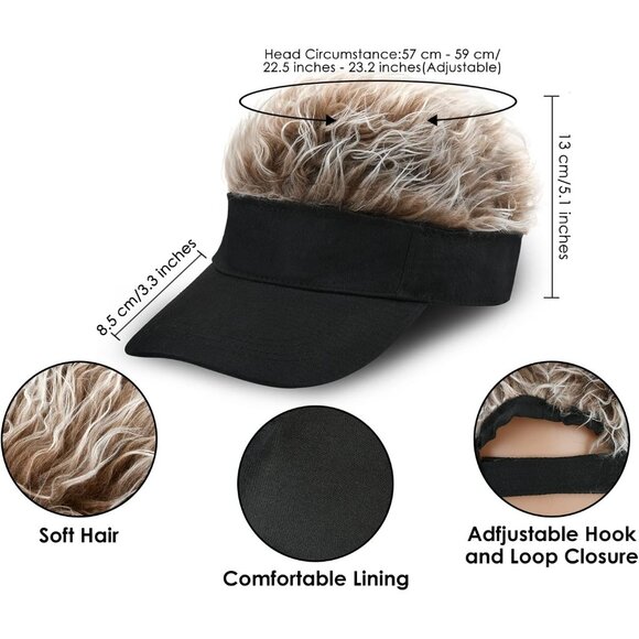 Men's Black and Brown Adjustable Visor Hat with Spiked Wigs Fake Hair Visor - Picture 4 of 9